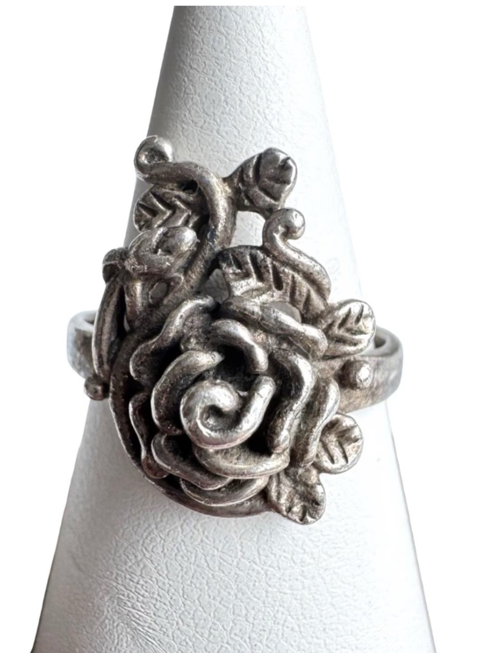 Vintage 925 Sterling Silver Rose Ring 3D Floral Leaf Boho Statement Size 6.5